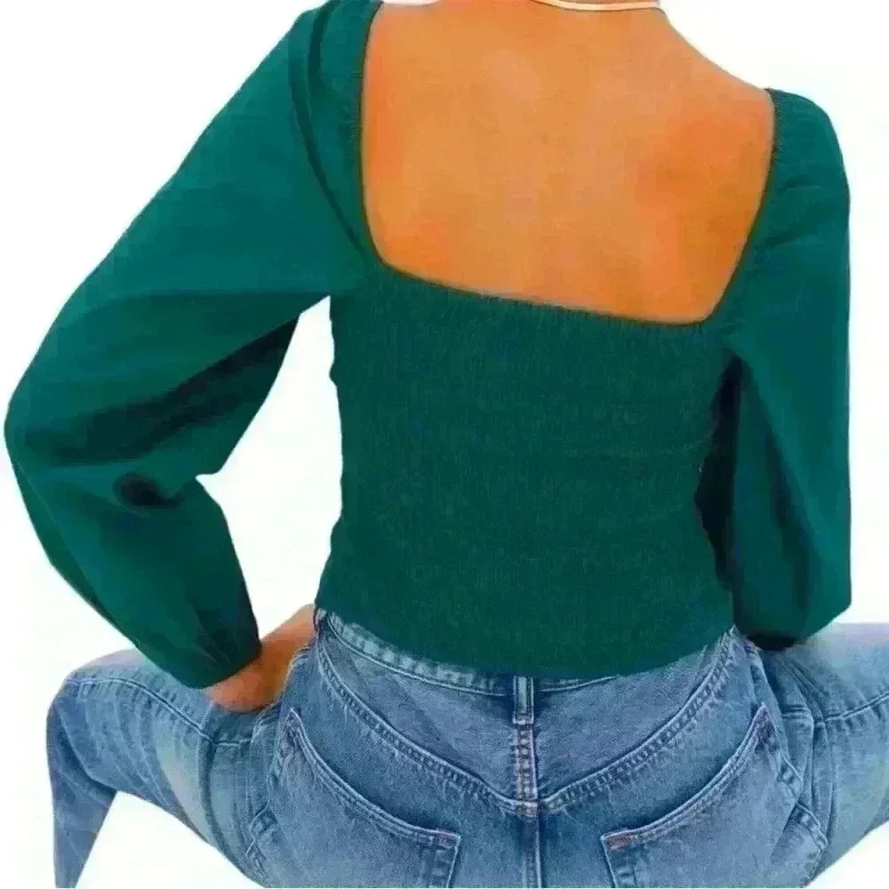 NWT GAP Puff Sleeve Sweetheart Top June bug green size L - Picture 2 of 5